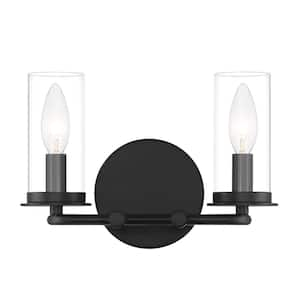 Hudson Heights 11 in. 2-Light Matte Black Transitional Vanity with Clear Glass Shades