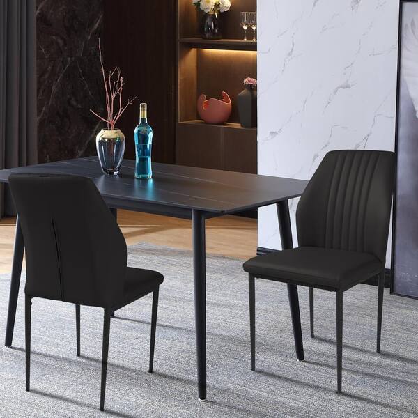 Black Faux Leather Solid Back Dining Side Chair with Stable Steel Legs, Set of 2