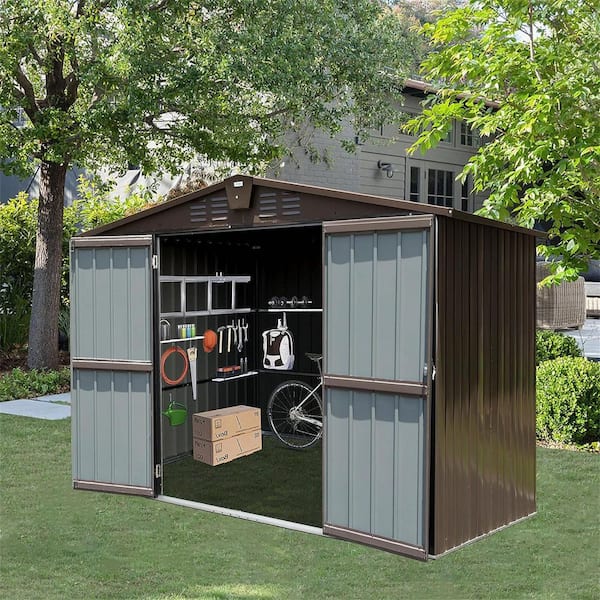 10 ft. W x 8 ft. D Outdoor Brown Metal Storage Shed Tool Sheds Storage House with Lockable Double Door (80 sq. ft.)