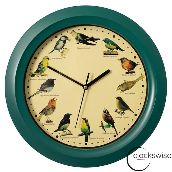 Quickway Imports Clockswise 12" Round Decorative Singing Bird Wall Clock Battery-Operated with Wild Nature Sounds Hourly Chime