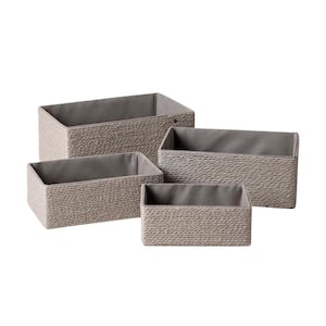 Storage Baskets Set 4 - Stackable Woven Paper Rope Bin, Storage Boxes for Makeup Closet Bathroom and Bedroom (Gray)