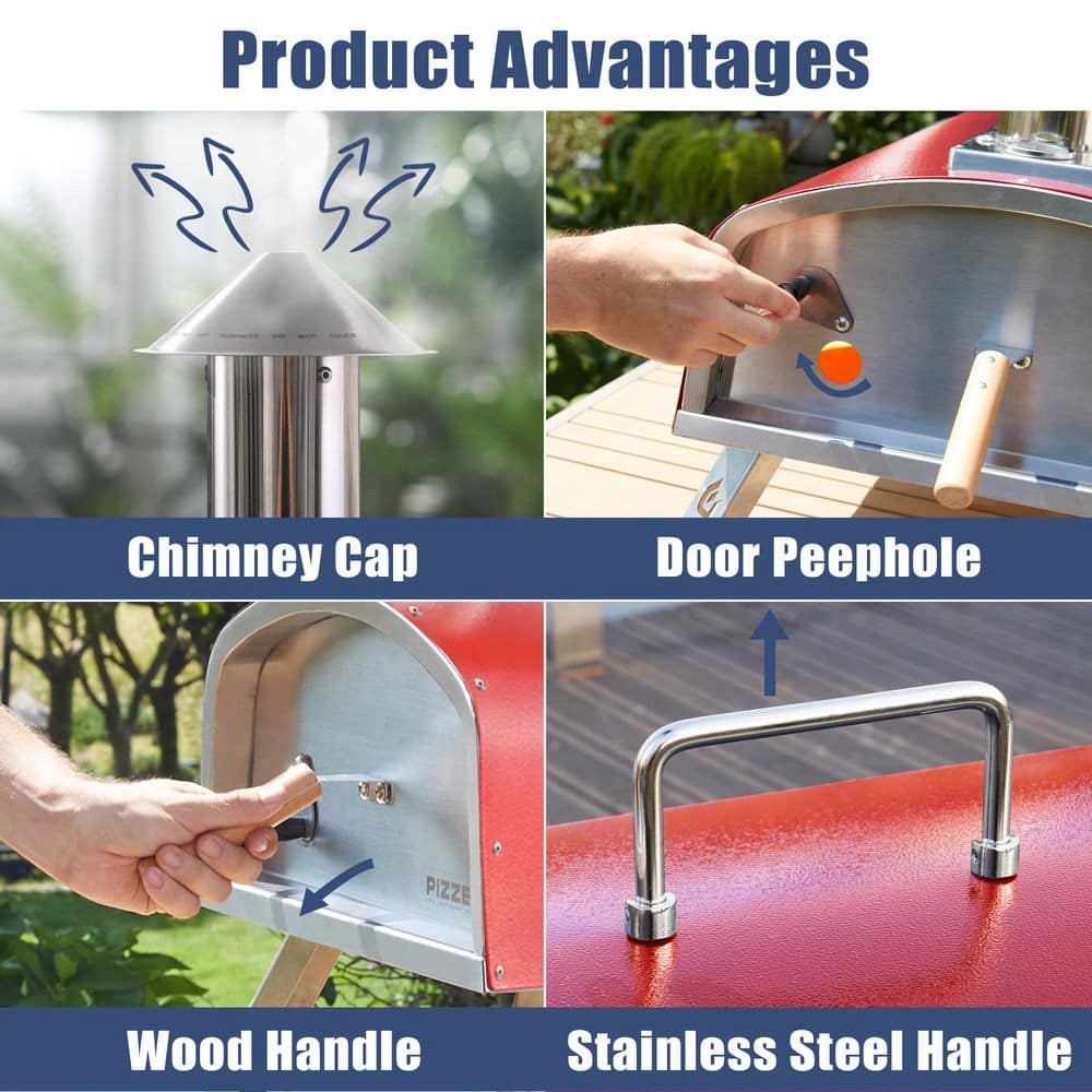 Red Stainless Steel 16 Inch Outdoor Gas and Wood Fired Pizza Oven
