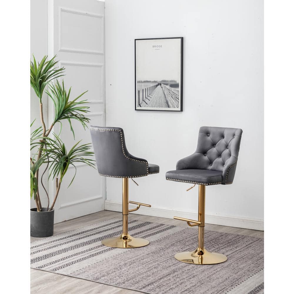 Adjustable Dark Gray Velvet Swivel Bar Stools with Metal Base, Set of 2