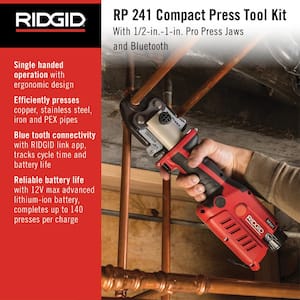 RP 241 Compact Inline Press Tool Kit Includes 3 ProPress Jaws (1/2 in., 3/4 in., 1 in.), 2-12V Batteries, Charger + Case