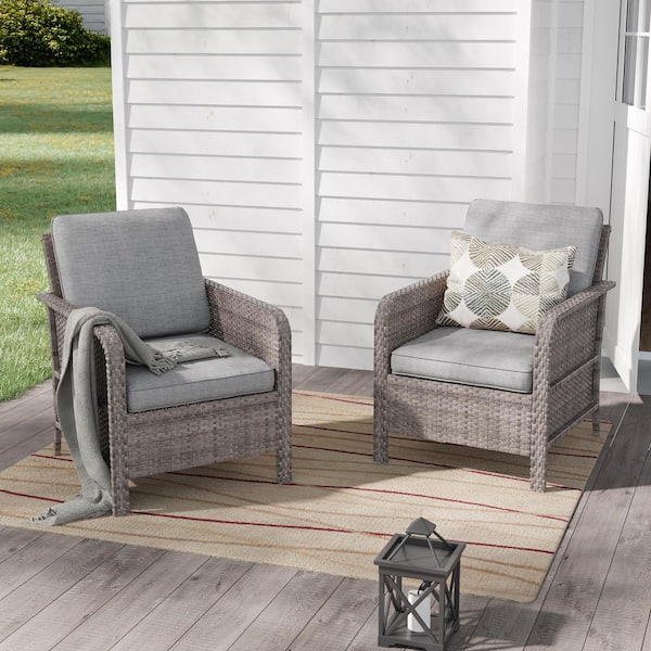 Sonkuki 2-Pieces Patio Chair Patio Conversation Set All Weather Gray Wicker Thick Linen Gray Cushions
