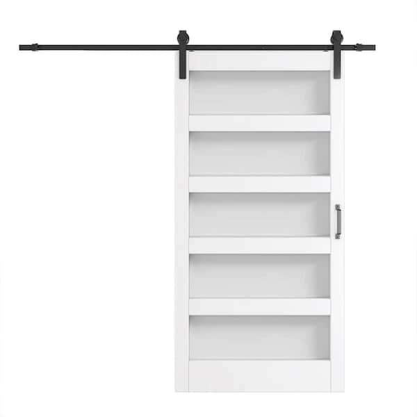 42 in. x 84 in. 5 Panel, Frosted Glass, White, Can Be Painted, Primed MDF Sliding Barn Door with Hardware Kit