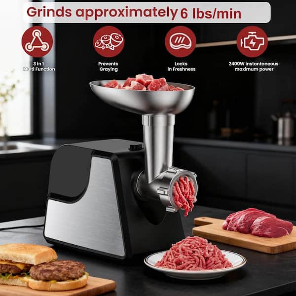 Electric Black Meat Grinder. 2400W Max Meat Grinders, 2 Speeds, 3