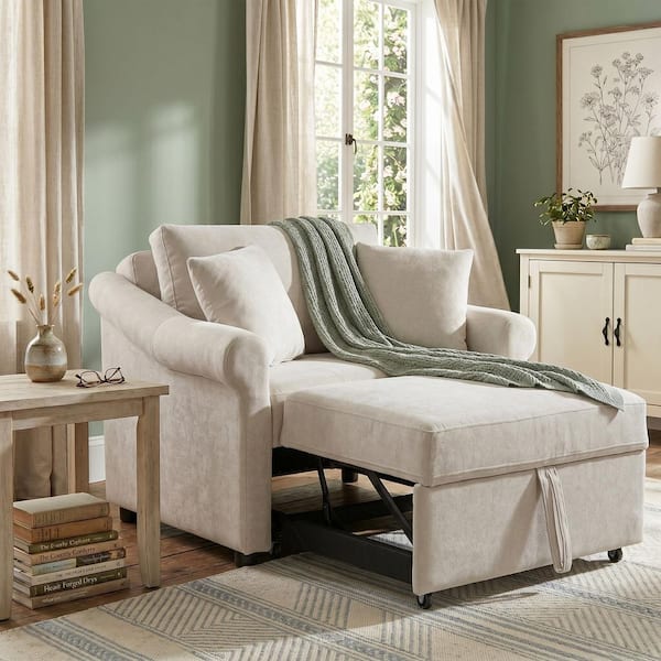Harper & Bright Designs 3-in-1 Beige Chenille Arm Chair, Sofa Bed Chair, Convertible Sleeper Chair
