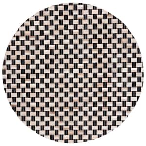 Studio Leather Black Ivory 6 ft. x 6 ft. Plaid Solid Color Round Area Rug