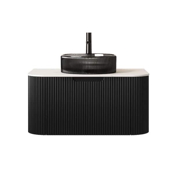 30 in. Wall-Mounted Black Bath Vanity with Carrara White Solid Surface Top Pre-Assembled