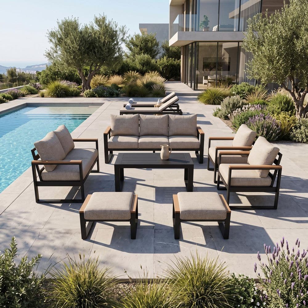 7-Piece Aluminum Outdoor Patio Furniture Set with 2 Ottomans, Khaki Cushions and Coffee Table price history on PriceWatchPro