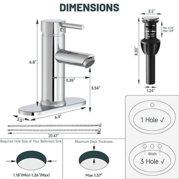 Simple Single-Handle Single-Hole Bathroom Brass Sink Faucet with Pop-Up Drain Assembly Kit Included in Polished Chrome