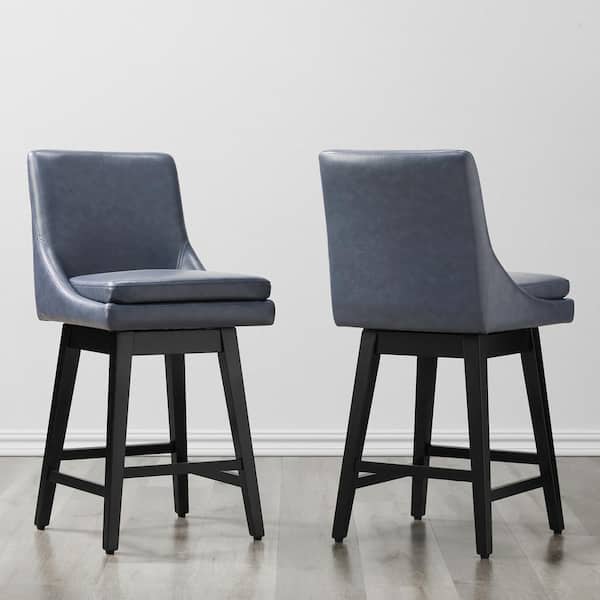 Spruce & Spring Fiona 26.8 in. Navy Blue Solid Wood Frame Swivel Counter Height Bar Stool with Faux Leather Seat and Back (Set of 2)