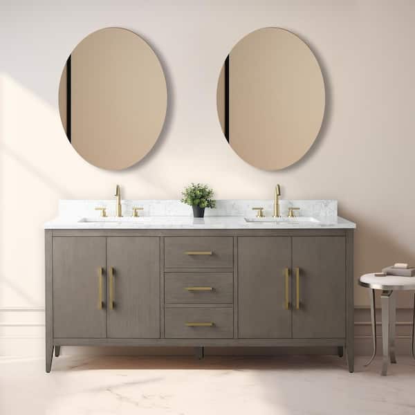 Vanity Art 72 in. W x 22 in. D x 34 in. H Double-Sink Bath Vanity Driftwood Gray with Engineered Marble Top in in Arabescato White