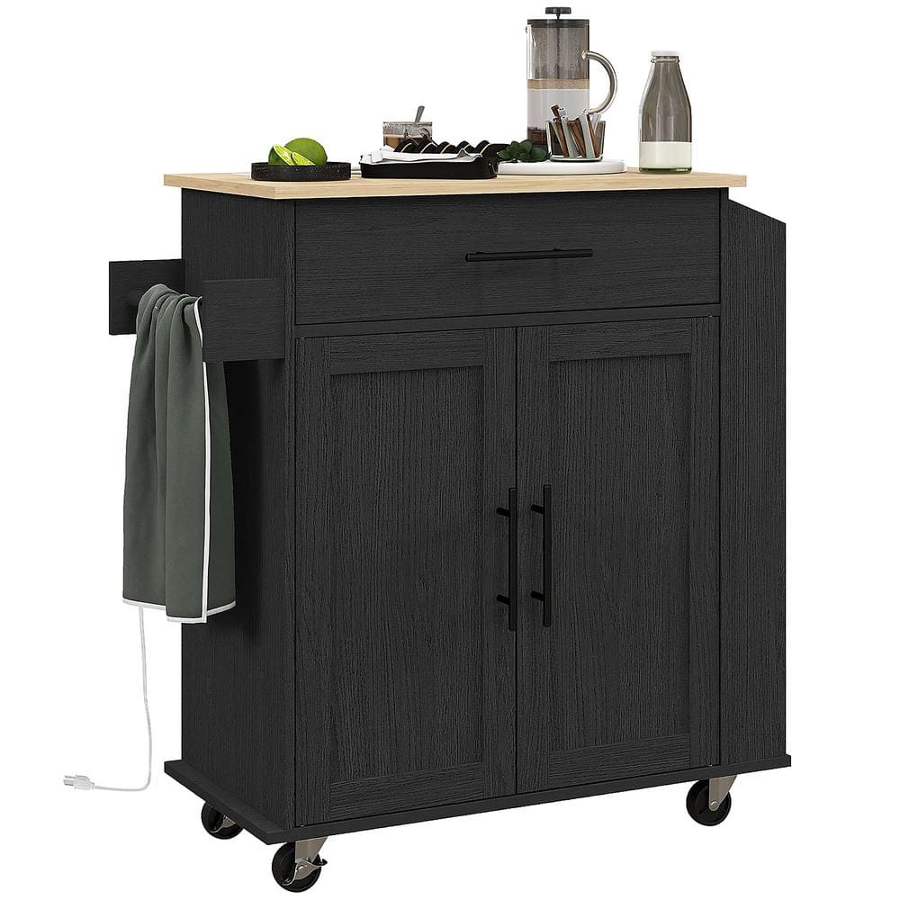 Black Wood Kitchen Cart with Spice Rack and Storage