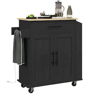 Black Wood 15 in. Kitchen Island with AC Outlets USB Ports, Microwave Stand with Towel and Spice Rack