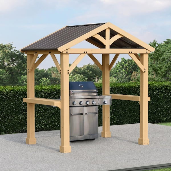 Yardistry Meridian 8 ft. x 5 ft. Premium Cedar Outdoor Grilling Shade Gazebo with Brown Aluminum Roof and 2 Counter Shelves YM11931COM The Home Depot