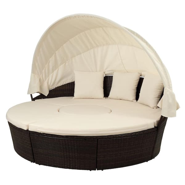 URTR 4-Piece Patio Furniture Round Daybed Set, Outdoor Wicker Rattan Conversation Set with Retractable Canopy, Beige Cushion