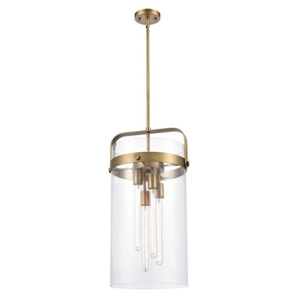 Pilaster 100-Watt 4-Light Brushed Brass Shaded Mini Pendant Light with Clear Glass Shade