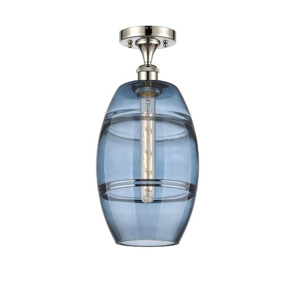 Vaz 8 in. 1-Light Polished Nickel Industrial Semi-Flush Mount with Frosted Glass Shade