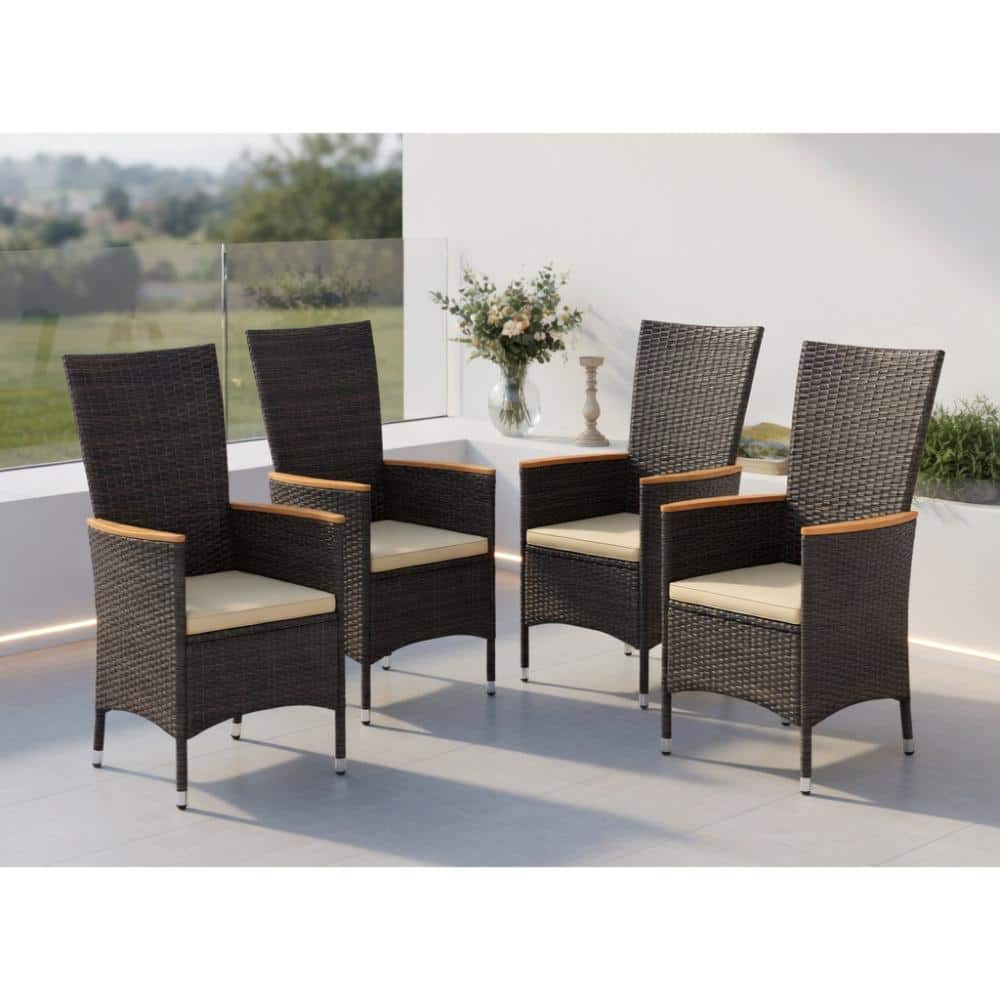 4-Piece Outdoor Dining Chair Set – High-Back PE Rattan Wicker Chairs with Beige Cushions, Acacia Wood Armrests & Heavy-D price history on PriceWatchPro