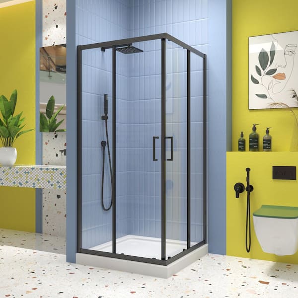 36 in. W x 72 in. H Neo Angle Sliding Framed Corner Shower Enclosure in Matte Black Finish