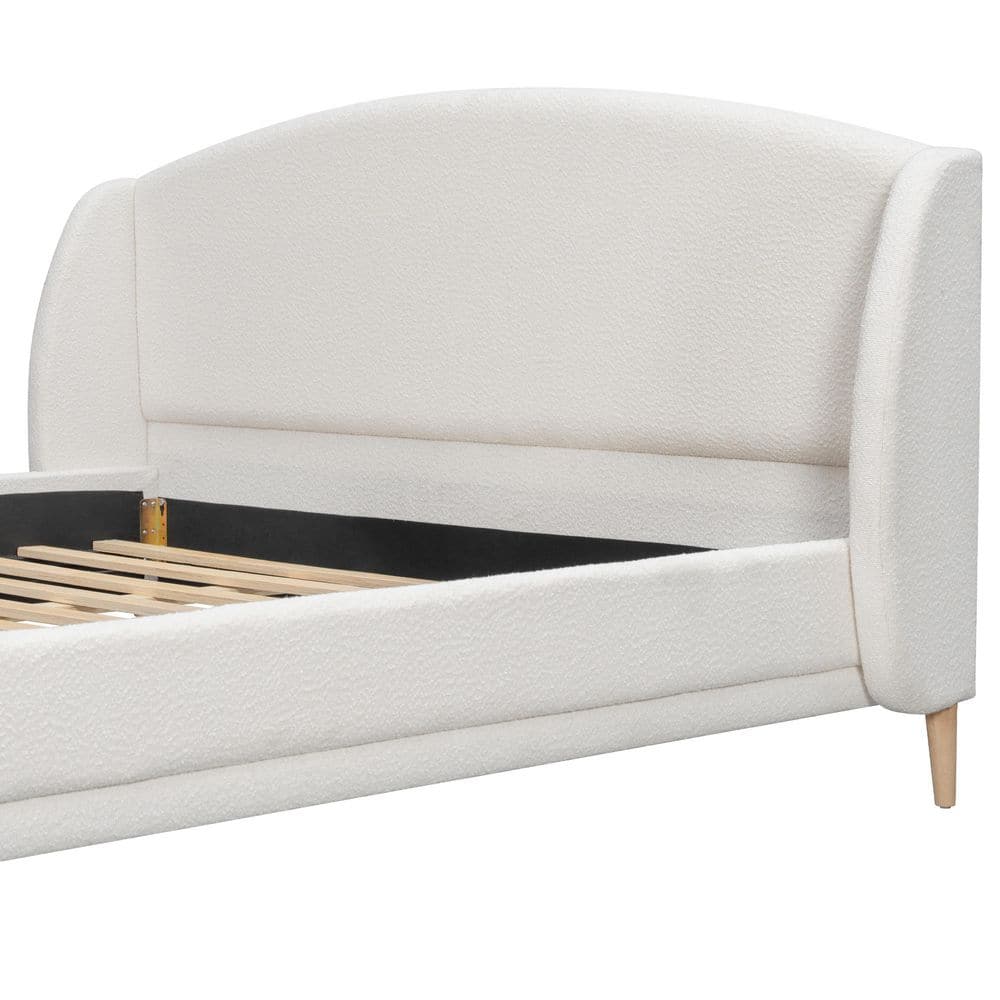 White Wood Frame King Size Boucle Fabric Upholstered Platform Bed with Wingback Headboard, Rounded Corners - thumbnail 3