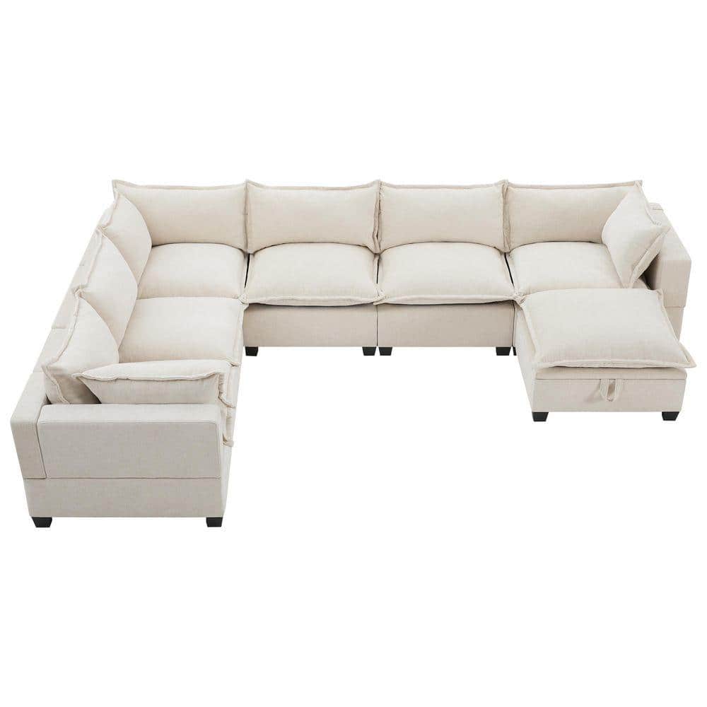 Top-down perspective view of a beige chenille modular sectional sofa.