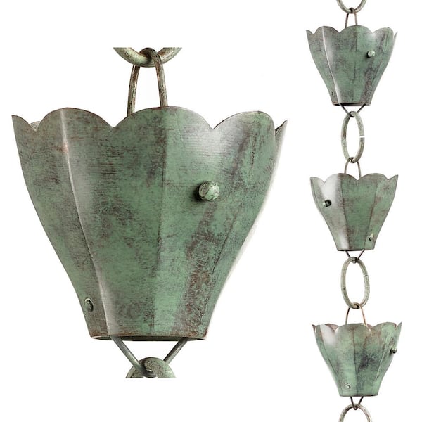 Good Directions 100% Blue Verde Pure Copper Tulip Rain Chain, 8-1/2 ft. Long, 13 Extra Large Cups, Replaces Downspout