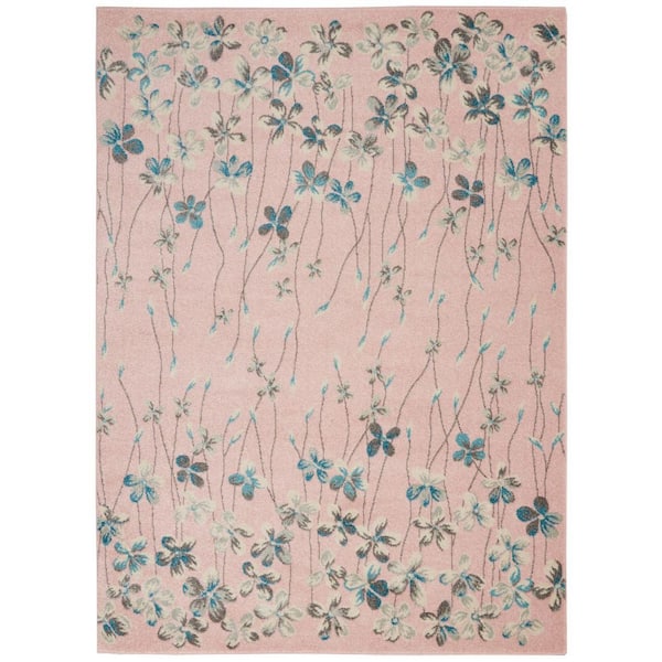 4 ft. x 6 ft. Pink Gray and Blue Botanical Leaves Area Rug