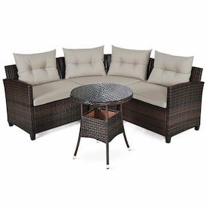 4-Piece Brown Wicker Patio Conversation Set with Light Gray Cushions