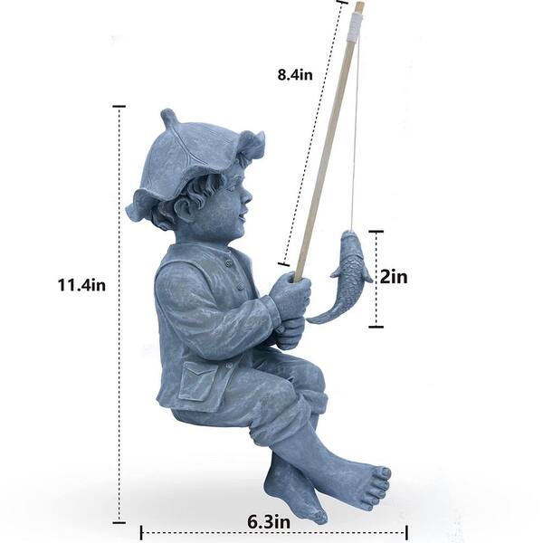 Pond Fishing Statue Resin Fisherman Boy with Removable Fishing Rod Figurine  Sculpture Real Gravel Hand-Cast for Lawn Decoration
