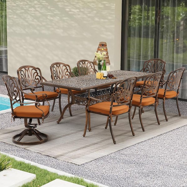 HOMMOW Outdoor Dining Set, Brown of 9-Piece, Metal with Rectangular Table of 28 in. Outdoor Dining Set with Orange Cushion