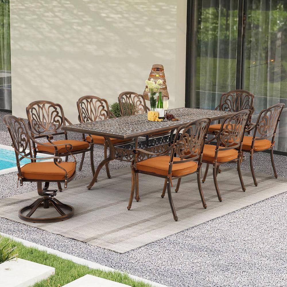 Outdoor Dining Set, Brown of 9-Piece, Metal with Rectangular Table of 28 in