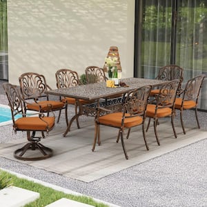 Outdoor Dining Set, Brown of 9-Piece, Metal with Rectangular Table of 28 in. Outdoor Dining Set with Orange Cushion