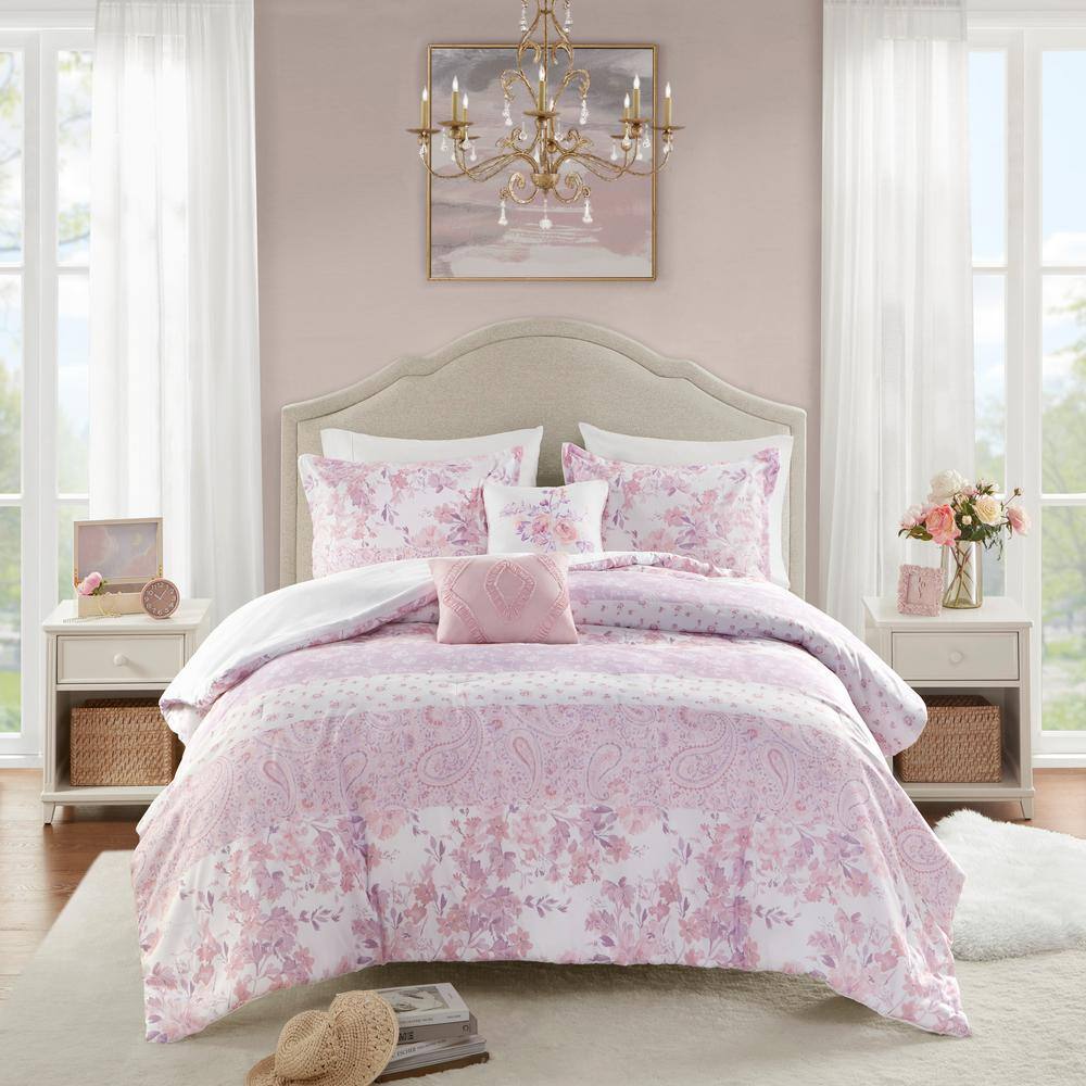 Romantic Pink Floral Paisley Full Comforter Set with Microfiber