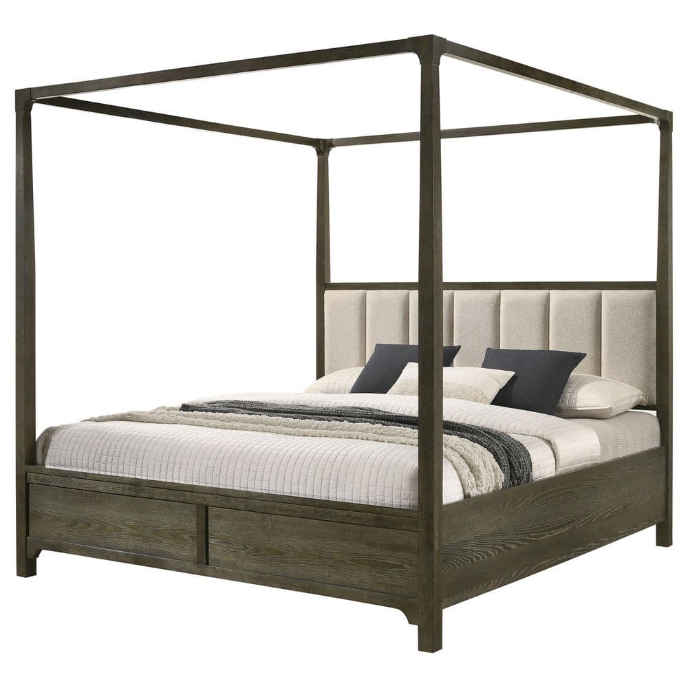 Dark Cocoa Queen Canopy Bed with Upholstered Headboard and Drawer