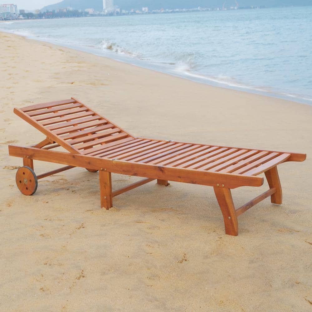 Teak Acacia Wood Outdoor Folding Chaise Lounge with Wheels