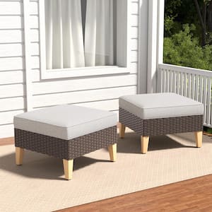 Brown Wicker Outdoor Ottoman with Cushion Guard Beige Cushions