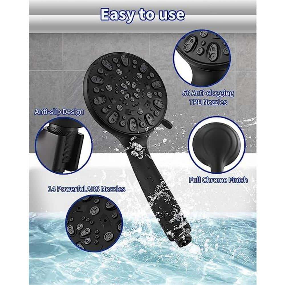 Matte Black 7-Spray Handheld Shower Head with Stainless Steel Hose
