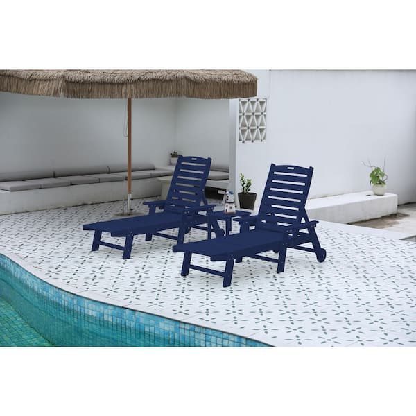 Navy Blue Composite Lounge Chair and Table Set-All-Weather Outdoor Poolside Loungers for Garden Patio Lawn (Set of 3)