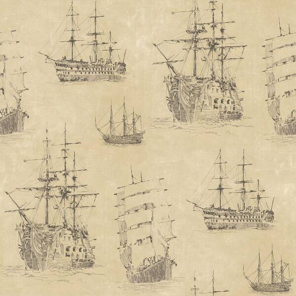 The Wallpaper Company 56 sq. ft. Neutral Nautical Ships Wallpaper