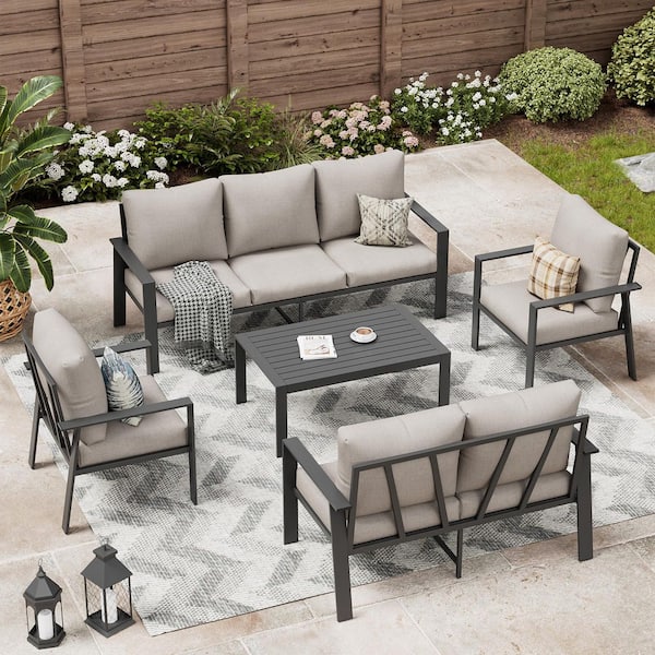 Aluminum Seating Group With Beige Cushions, 5-Piece Outdoor Patio Conversation Sets