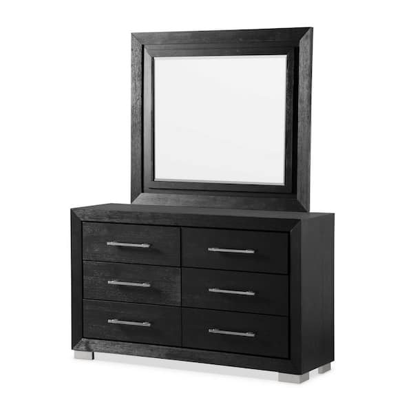 Fairhart Black 6 Drawer 58 in. Dresser With Mirror and Cedarwood Lined Bottom Drawers