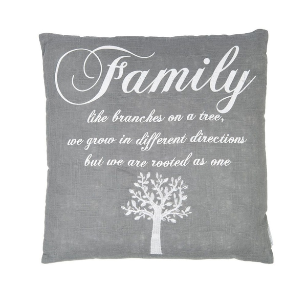 LEVTEX HOME Family Tree Grey Linen Sentiment Print Embroidered 20 in. x 20 in. Throw Pillow