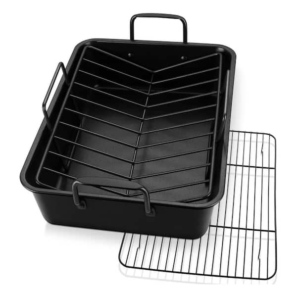 Black Non-Stick Stainless Steel Roasting Pan Set with Baking Rack and V-Shaped Rack, Healthy, Dishwasher Safe, 3 Piece