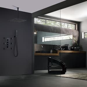 1-Spray 12 in. Rainfall Wall Bar Shower Kit with 6-Body Spray and Brass Handheld Shower in Matte Black