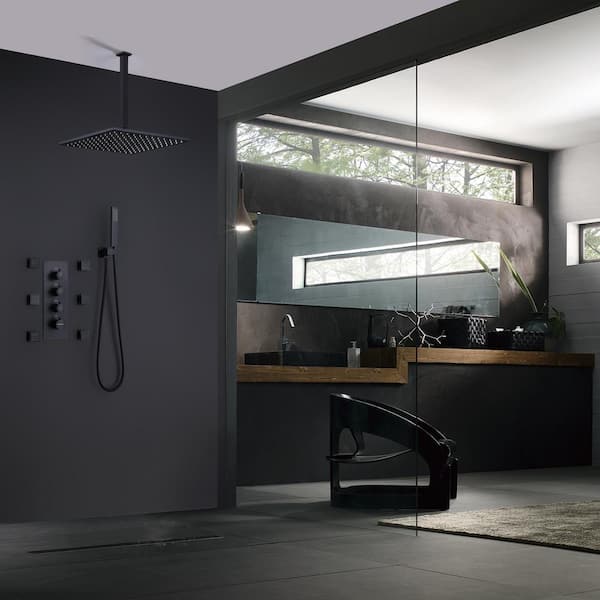 3-Spray 12 in. Ceiling Mount Square Wall Bar Shower Kit with 6-Body Spray and Brass Handheld Shower in Matte Black