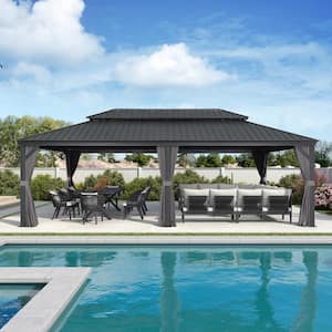 14 ft. x 24 ft. Gray Aluminum Hardtop Gazebo Canopy for Patio Deck Backyard Heavy-Duty with Netting and Upgrade Curtains