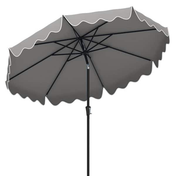 WELLFOR 9 ft. Metal Market Tilt Patio Umbrella in Gray with Scalloped Edges with Crank Handle and Push Button Poolside Umbrella